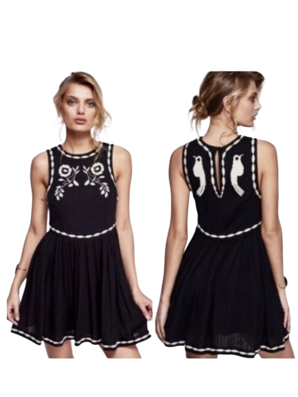 Free People "Birds of a Feather" Embroidered Mini Dress in black Size 0
